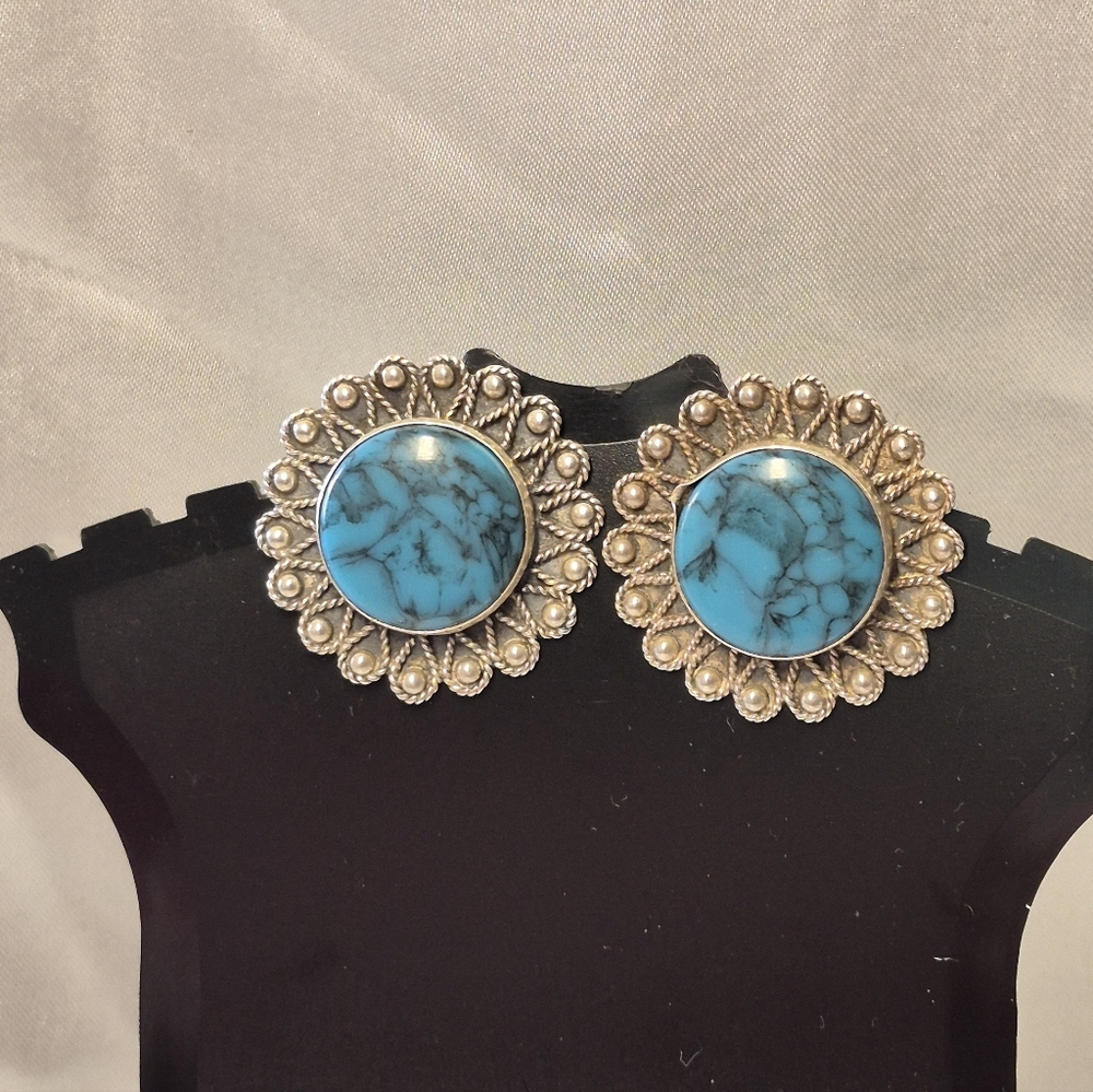 GORGEOUS Sterling Silver Turquoise Mexico Clip Ons Flowers Signed